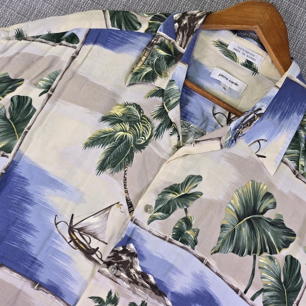 Vintage 1990s Pierre Cardin Hawaiian Shirt 100% Rayon Mens 3X Tropical Palm Tree